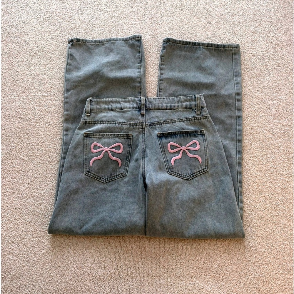 Edikted Bow Pocket Low Rise Baggy Jeans size Small in Blue